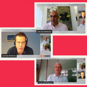 quadro vermelho com a foto de 3 gestores da Bem Promotora, em suas casas, durante uma vídeo chamada.